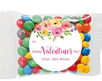 Personalized Valentine Day Stickers, Floral Treat Tags, Valentine Flowers, Preppy Valentine, To From