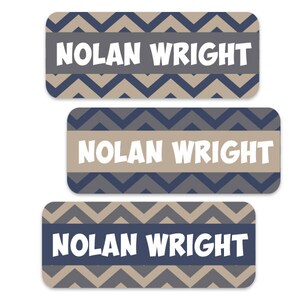 Waterproof Name Labels for Boys, Daycare, School Name Labels, Chevron Nursery Decor, Gray, Navy, Tan