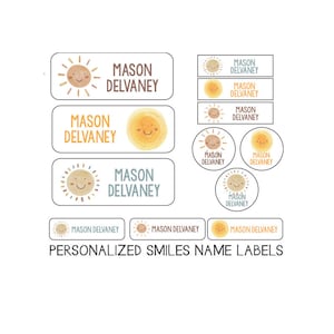 May include: A collection of personalized name labels with a sun graphic. The labels feature the name "MASON DELVANEY" in various colors and shapes, including rectangles and circles. The text "PERSONALIZED SMILES NAME LABELS" is at the bottom.