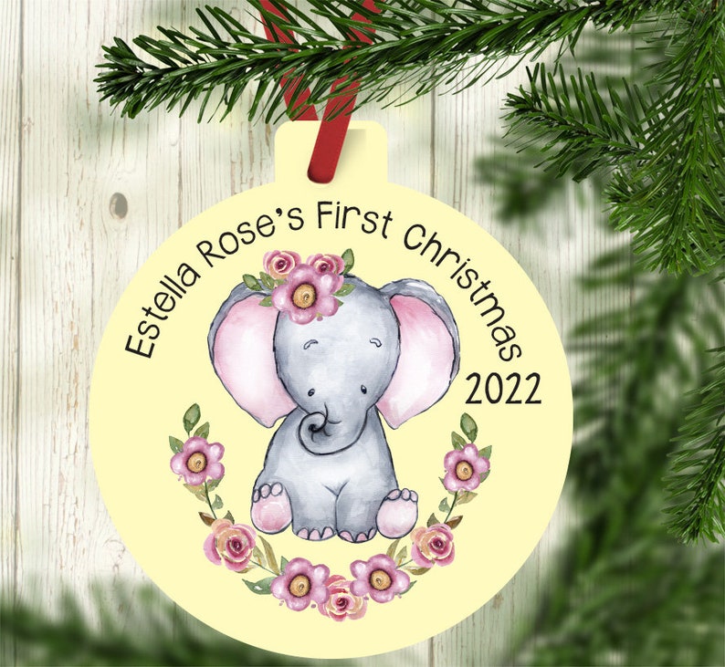 Baby's First Christmas Ornament, Personalized Baby's Christmas Ornament, Elephant Baby Ornament, New baby gift, baby girl Ornament yellow
