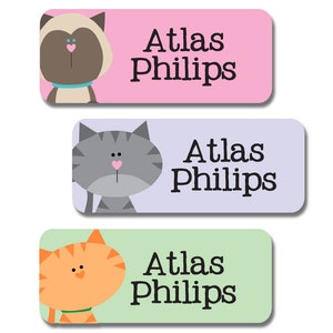 Cat Name Labels, Personalized Kids Waterproof Daycare Stickers, Camp Stickers, Kitties, Siamese, Tabbys, Girl Name Label