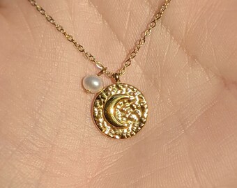 Gold Moon Talisman Necklace With Pearl Accent (18k Gold Plated)