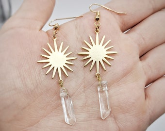 Gold Clear Quartz Sunburst Earrings