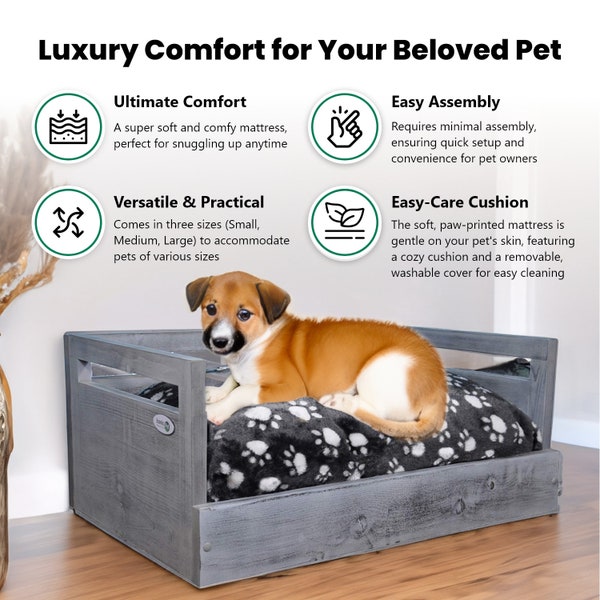 Pine Wood Pet Bed with Paw Print Cushion