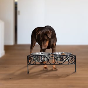 Elevated Dog Bowl Diner: Wrought Iron Double Feeder with Stainless Steel Bowls