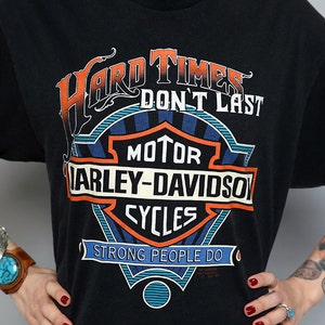 Vintage T-shirt Harley Davidson, T-shirt motorshirt, logo-afbeelding XL, zacht motorshirt jaren 90 &#39;Hard Times Don&#39;t Last&#39; 50/50