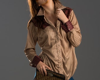 SALE Country Western Shirt Retro Vintage Statement Brown/Red Pinstripe pattern Polyester 70s Disco Blouse/Button Down/Snap Buttons Soft