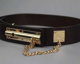 Chanel Authentic Vintage Gold Sliding Hinge/Lock Belt Logo Chain in Brown Leather RARE