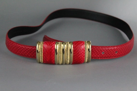 Red Genuine Snake Skin Belt with Gold Belt Buckle - image 1