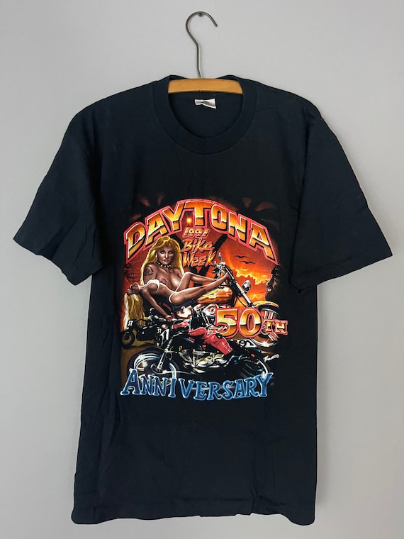 セクシーなバイカーガールのTシャツ、ヴィンテージ90年代のバイク
