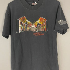 Vintage Harley Davidson motorfiets T-shirt &quot;Milwaukee Iron&quot; ZELDZAAM grafisch shirt jaren &#39;70 80s King Cycle Creations St. Louis Mo. biker-T-shirt