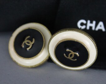 Chanel Authentic Vintage Black and White Logo Clip on Earrings