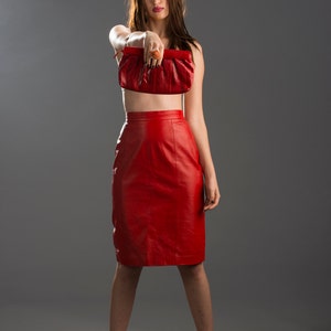 Vintage Cherry Red/Lipstick Red Leather Pencil Skirt, Fitted skirt, High Waisted Skirt