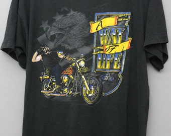 Biker Vintage Motorcycle T-shirt Shirt Tee Worn in Distressed Biker Tee "A way of Life" American Flag Motorcycle Tee Rocker USA Eagle Moto