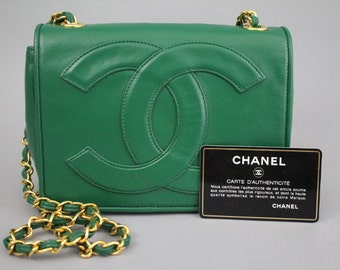 Chanel RARE GREEN Extra Large Logo Lambskin Authentic w/Card, 80s Shoulder Bag/Purse/Handbag/Single Flap/Classic Chain/Serial & Card Too!