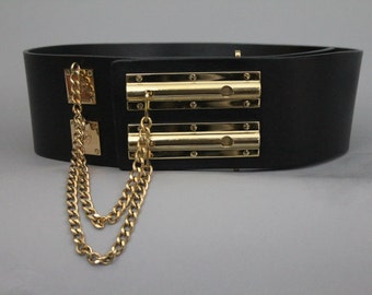 Chanel Sliding Lock Chain Black & Gold Belt Extra Wide TWO rows of Slides