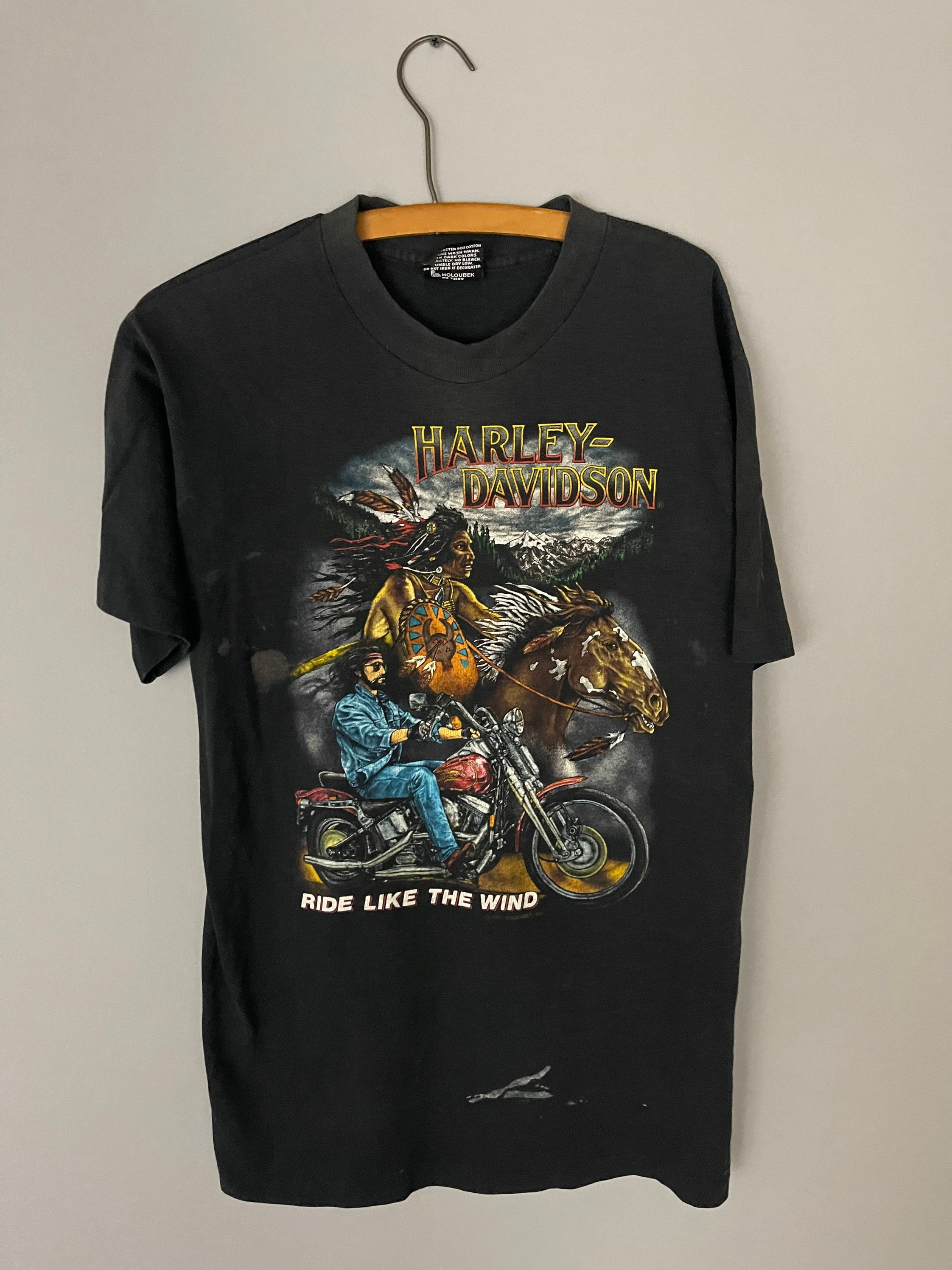 Harley Davidson vintage T-shirt, 90s Native American horses, horseback riding, distressed, worn torn, paper thin and stained