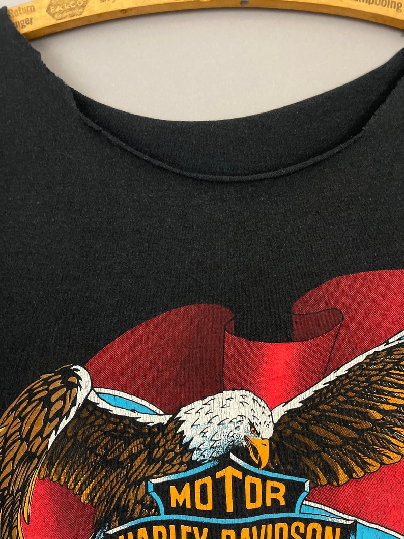 May include: Black t-shirt with a red, white, and blue American flag design featuring a bald eagle with outstretched wings and the words "MOTOR HARLEY DAVIDSON".