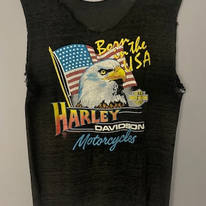 Vintage Harley Davidson &#39;Born in the USA&#39; Eagle 80&#39;s tanktop met afgesneden mouwen, VERY Distressed Faded, burn-out mouwloos T-shirt 1982