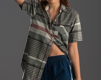 Geruite Shirt Blouse Top Korte Mouw/Grijs Rood Wit Streep Print Kraag Button Down Jaren '90 Vintage Boyfriend Shirt Zacht Casual Grunge Slim Fit M