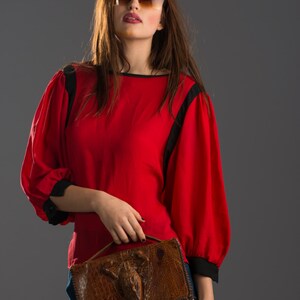 Vintage Red Silk Oversized/Draped/Blouse Top with Black piping and Bell Sleeves. Large