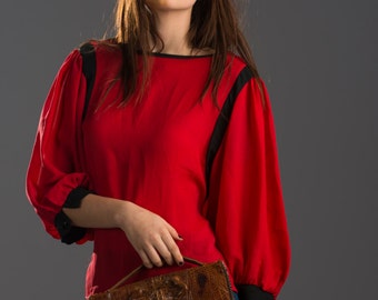 Vintage Red Silk Oversized/Draped/Blouse Top with Black piping and Bell Sleeves. Large