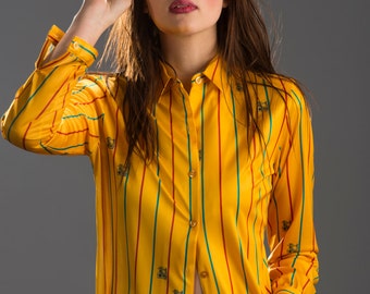 Gold Yellow Mustard Polyester Disco Studio 54 Secretary Blouse Button Down 70s Shirt