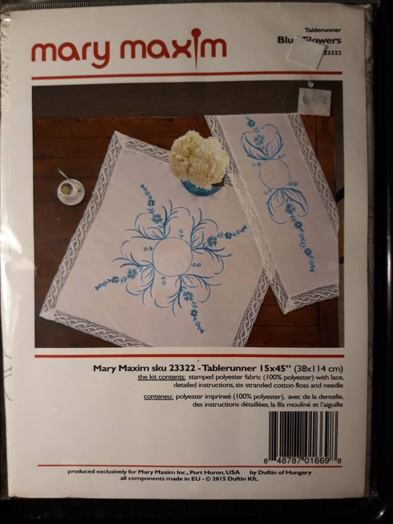 Mary Maxim Needlepoint Kit #23322 Blue Flowers Table Runner 15 x 45 Floss Included NIP NEW