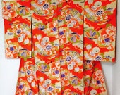 RESERVED FOR ANTONIA ntique Japanese orange and blue kimono with fans and flowers