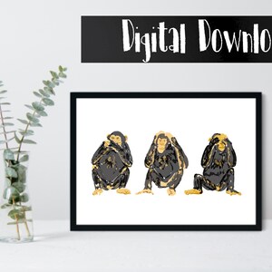 Monkey art | three wise monkeys | Speak no evil, hear no evil, see no evil original artwork | Printable | Digital Download