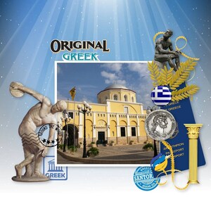 May include: A collage of images featuring a Greek Orthodox church, a statue of a discus thrower, a passport, and a Greek flag. The text "ORIGINAL GREEK" is at the top of the image. The text "AROUND THE WORLD" is on a stamp in the lower left corner of the image. The text "GREECE SANTOR AEGEAN SEA" is on a blue circle in the lower right corner of the image.