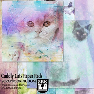 Cat theme Digital scrapbook Papers CUDDLY CATS  13 papers all with delightful cat images blended into the papers - great pack for Cat lovers