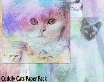 Cat theme Digital scrapbook Papers CUDDLY CATS  13 papers all with delightful cat images blended into the papers - great pack for Cat lovers