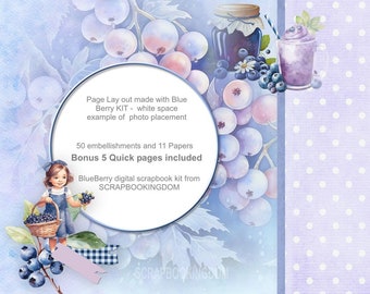 Blue Berry digital scrapbook kit with 11 papers 50 embies plus 5 Bonus Quick Pages ready to pop your photos straight in