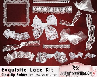 EXQUISITE LACE , Digital scrapbook kit , wedding scrapbook  47 Lace pieces ,flat lace,curled,lace bows ,Engagement scrapbook