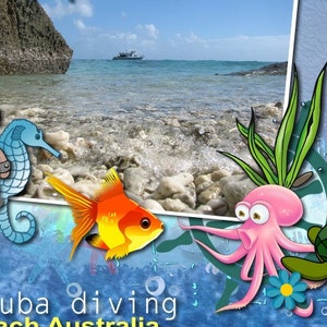 Scrapbooking clipart WATER WORLD digitale plakboek kit, vis, zeewier, anker, krab, schelpen, paling, zeesterren, zeepaardje, vuurtoren, dolfijn