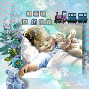 Baby Boy Scrapbook Kit voor digitale of traditionele scrapbooking en papierambachten - LITTLE MAN - babyspeelgoed, teddybeer, treinen, babystempels