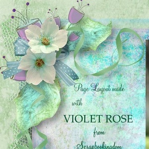 VIOLET ROSE Digital Scrapbook Kit turned page corners, hearts, flowers,foliage 22 papers & 85 embellishments