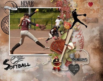 SoftBall digital Scrapbooking Kit - Papers and  embellishments, Love the sport- you'll love this kit. Softball 84 theme elements 18 papers