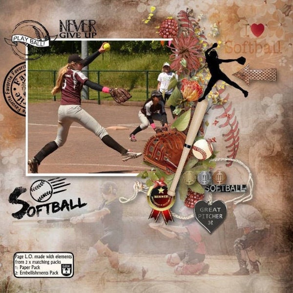 SoftBall digital Scrapbooking Kit - Papers and  embellishments, Love the sport- you'll love this kit. Softball 84 theme elements 18 papers