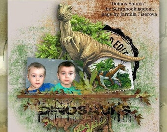 Dinosaur Scrapbook Kit - Realistic Dinosaur embellishments (59) and dinosaur papers (16) . DEINOS SAUROS digital scrapbooking kit