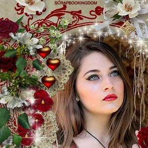 Pode incluir: Um kit de scrapbooking digital com um tema romântico que apresenta uma mulher com cabelo castanho longo, um vestido vermelho e uma moldura em forma de coração. A moldura é decorada com flores, corações e brilho. O texto da imagem diz "It is the time you have spent growing your Rose that makes your Rose so important."