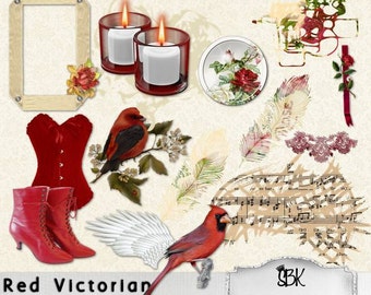 Digital Scrapbook Kit RED VICTORIAN feminine Victorian embellishments - Red Victorian Full Scrapbooking Kit