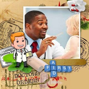 May include: A cartoon doctor in a white coat with a stethoscope around his neck is examining a young child. The doctor is smiling and pointing at the child's mouth with a tongue depressor. The child is looking at the doctor with a curious expression. The image includes the words "Doctors Orders" and "First Aid" in a vintage style.