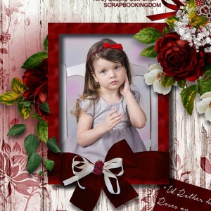 Op de afbeelding: Een digitale scrapbookkit met een rood, wit en groen kleurenschema. De kit bevat een foto van een jong meisje, een rode strik en een citaat over rozen. Het citaat luidt: "Ik zou liever rozen op mijn tafel hebben dan diamanten aan mijn vingers."