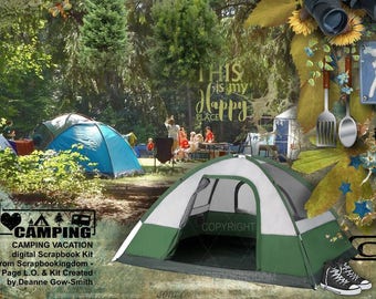 Vacation Camping digital scrapbook kit outdoors papers, tents, camping gear .Suits vacation or campsite scrapbook