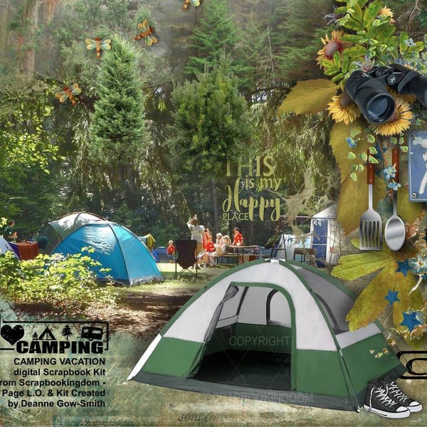 Vacation Camping digital scrapbook kit outdoors papers, tents, camping gear .Suits vacation or campsite scrapbook