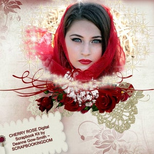 Op de afbeelding: Een digitale scrapbookkit met een rood, wit en gouden kleurenschema. De kit bevat een vrouw met rood haar die een rode sjaal draagt, een boeket rode rozen en een gouden hartvormig frame met glinsterende sterren. De tekst "CHERRY ROSE Digital Scrapbook Kit by Deanne Gow-Smith - SCRAPBOOKINGDOM" wordt onderaan de afbeelding weergegeven.