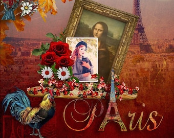 Paris France themed Scrapbook kit Papers , Embellishments : Eiffel Tower , Mona Lisa, Louvre, PASSION for PARIS digital scrapbooking Kit