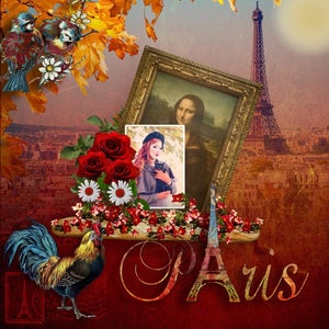 Paris France themed Scrapbook kit Papers , Embellishments : Eiffel Tower , Mona Lisa, Louvre, PASSION for PARIS digital scrapbooking Kit